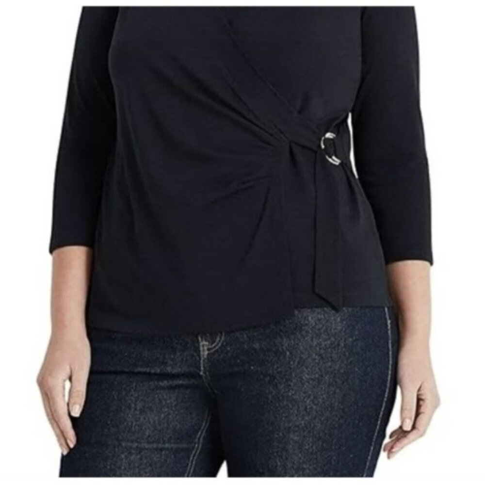 Lauren Ralph Lauren Plus Size Faux-Wrap Surplice Neck Top Navy Blue NWT - Picture 2 of 10